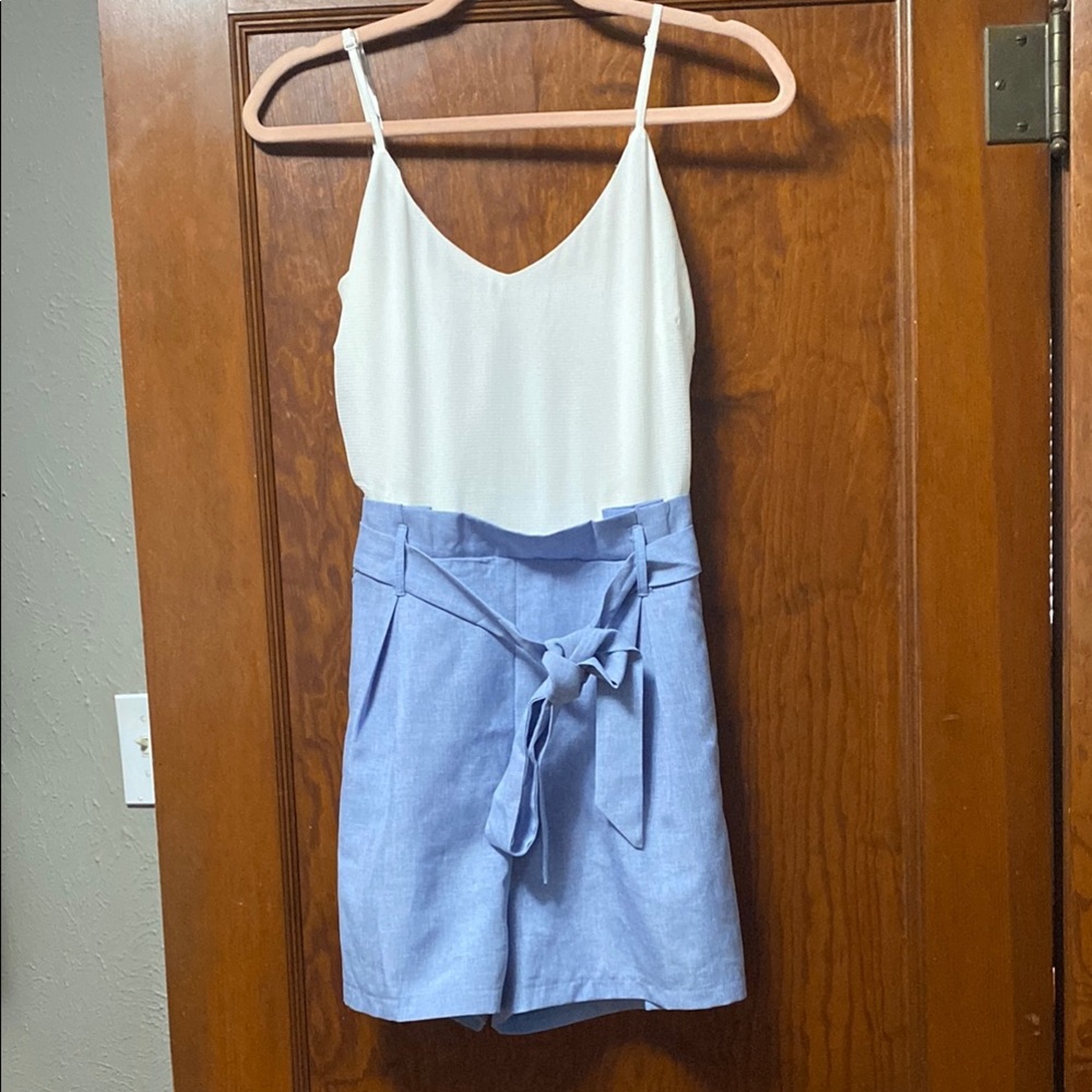 White and Blue Sleeveless Romper with Belt